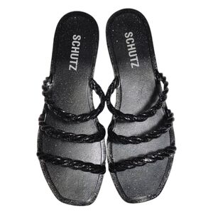 Schutz Black Glitter Square Toe Strappy Jelly Sandals Women's Size 6/7